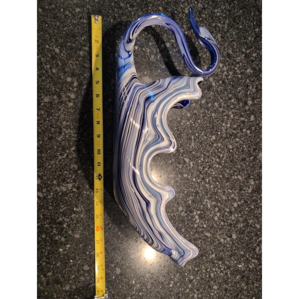 Vtg XL Cobalt Blue White Swril Art Glass Swan Bowl/ 19 x 8 x 5 Long - Picture 8 of 8